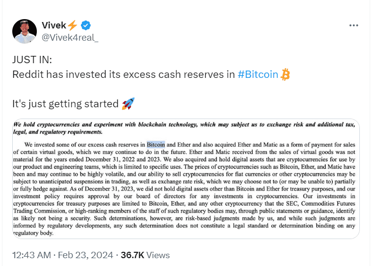 Reddit Invests Cash Reserves in Bitcoin and Ether"Source: Vivek 
