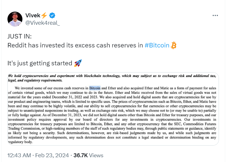 Reddit Invests Cash Reserves in Bitcoin and Ether"

Source: Vivek 