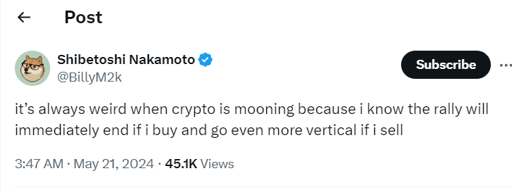 Crypto Rally Irony: Shibetoshi Nakamoto's Take" - Source: @BillyM2k o