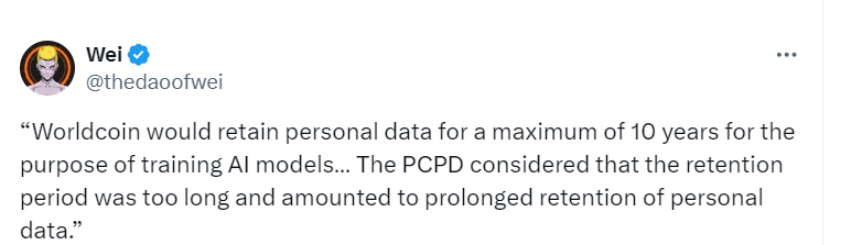 "PCPD Criticizes Worldcoin's Data Retention Policy"
Source: Wei 