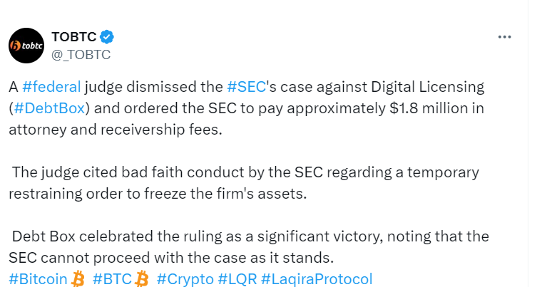 Court Dismisses SEC Case Against Debt Box - Source: TOBTC