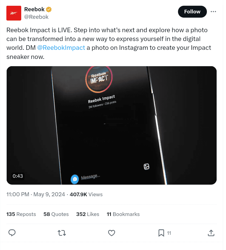 Reebok sharing the news on X