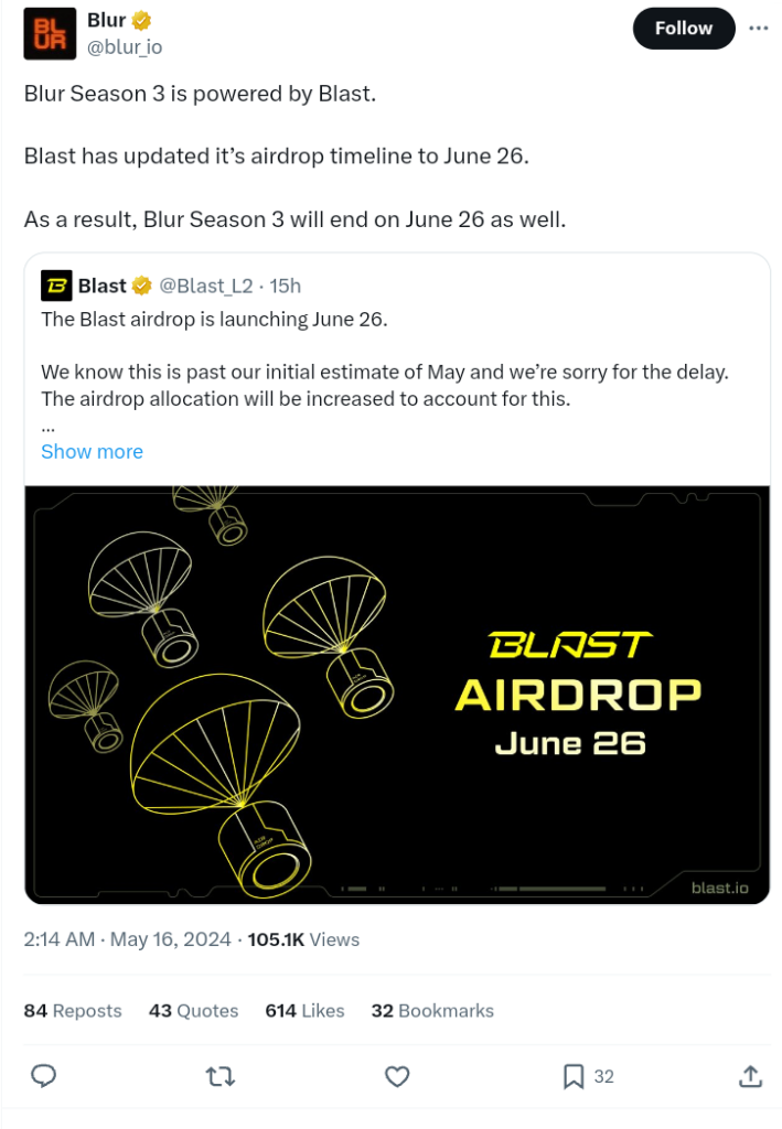 Blur announcing Blast airdrop launch date on X