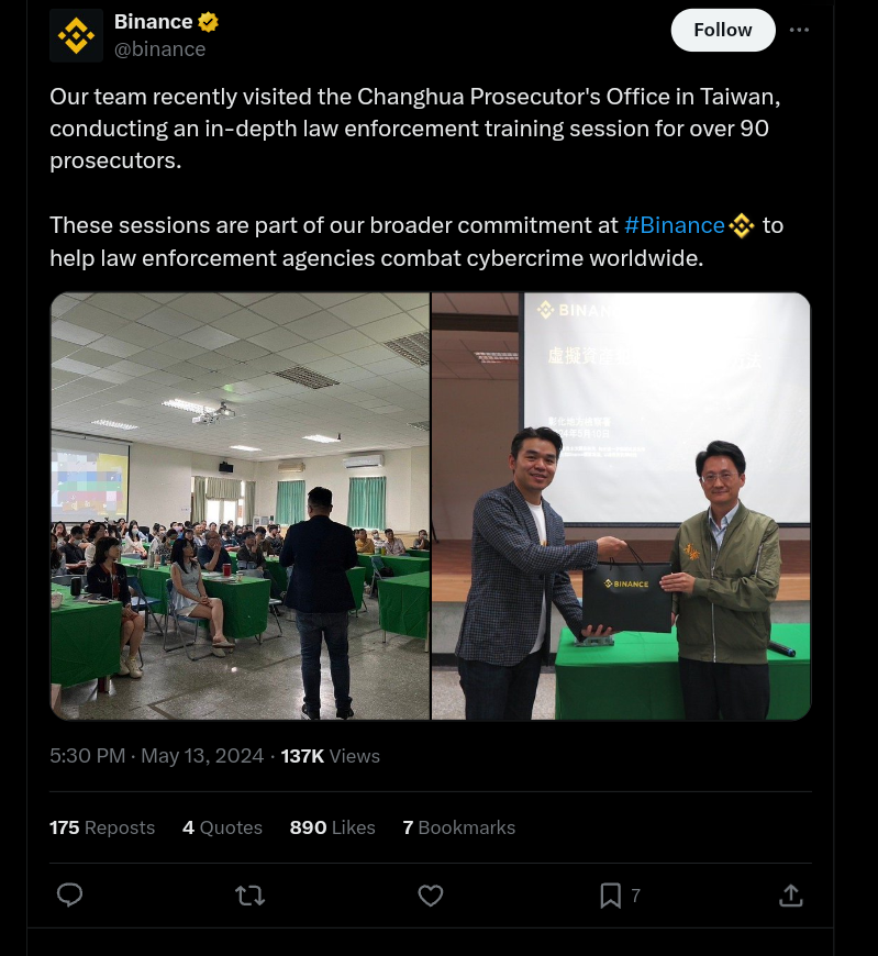 Binance announcing cooperation with Taiwan on X.