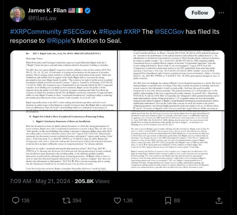 SEC has filed its response to Ripple’s Motion to Seal.