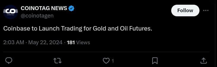 Crypto news: Announcement of Coinbase launching trading for gold and oil futures