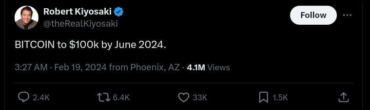 Robert Kiyosaki X post about Bitcoin to reach $100k by June 2024