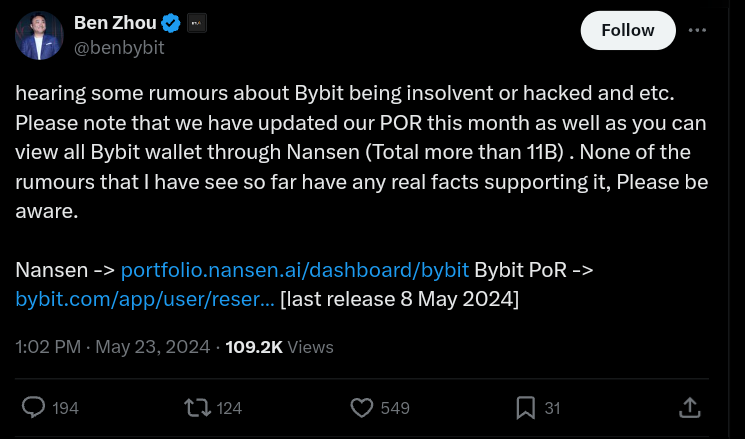 Ben Zhou response on Bybit's insolvency rumour