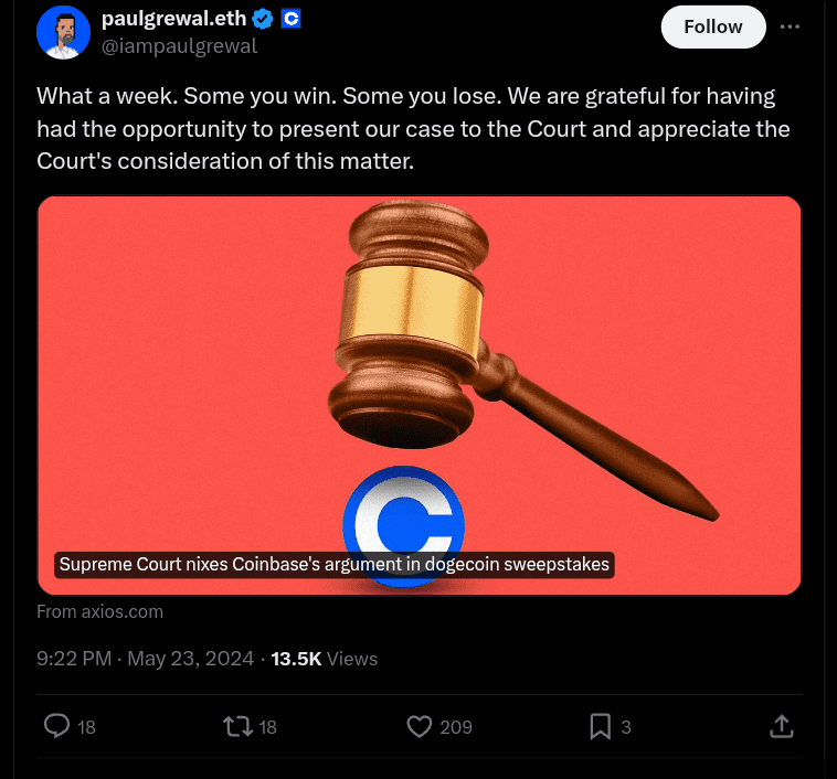 Crypto news: Snapshot of Paul Grewal tweet 