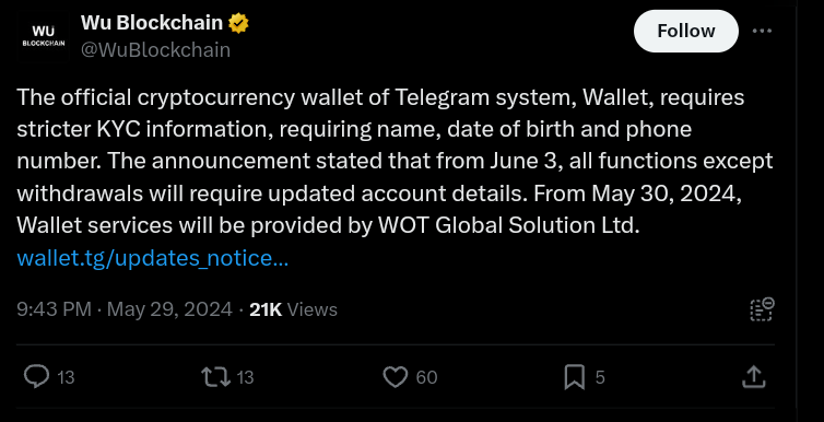 Telegram’s Wallet Bot Imposes Strict KYC, Switches Service Provider