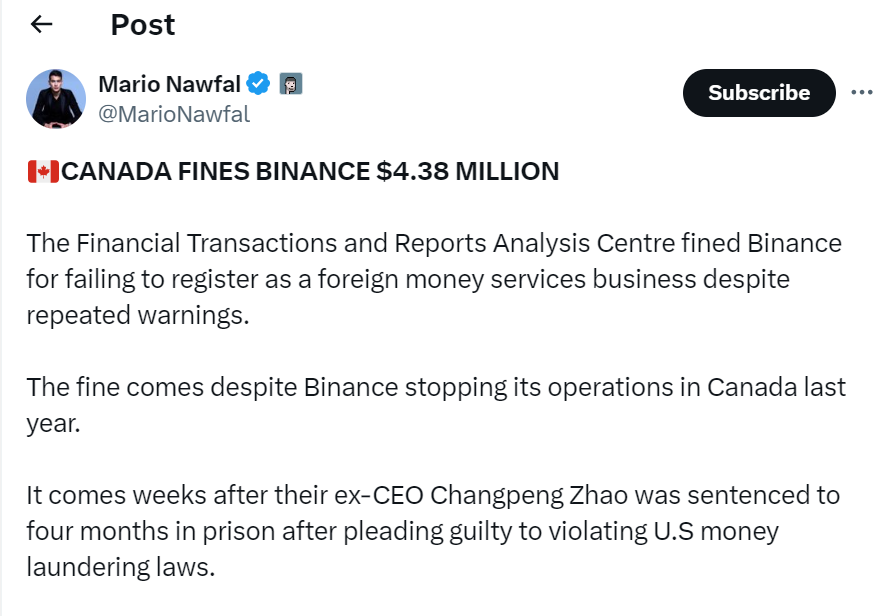 Binance Fined $4.38 Million by Canada’s FINTRAC