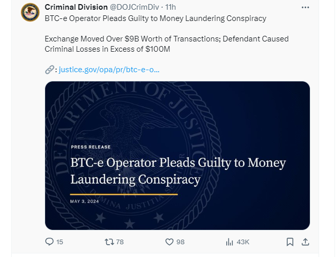 BTC-e, BTC-e Founder Pleads Guilty in $9B Crypto Money Laundering Scheme