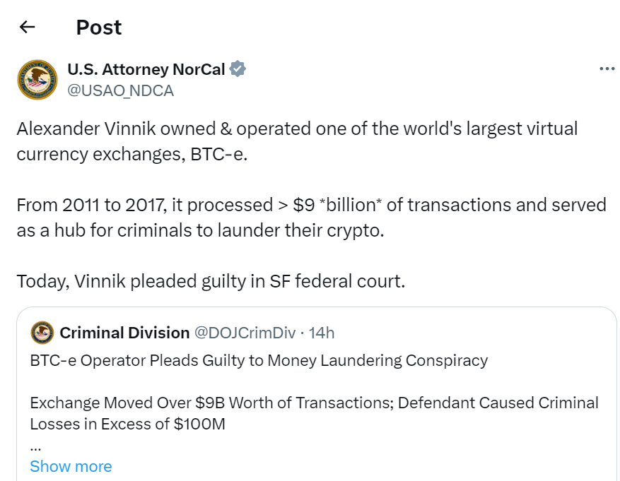 BTC-e Founder Pleads Guilty in $9B Crypto Money Laundering Scheme