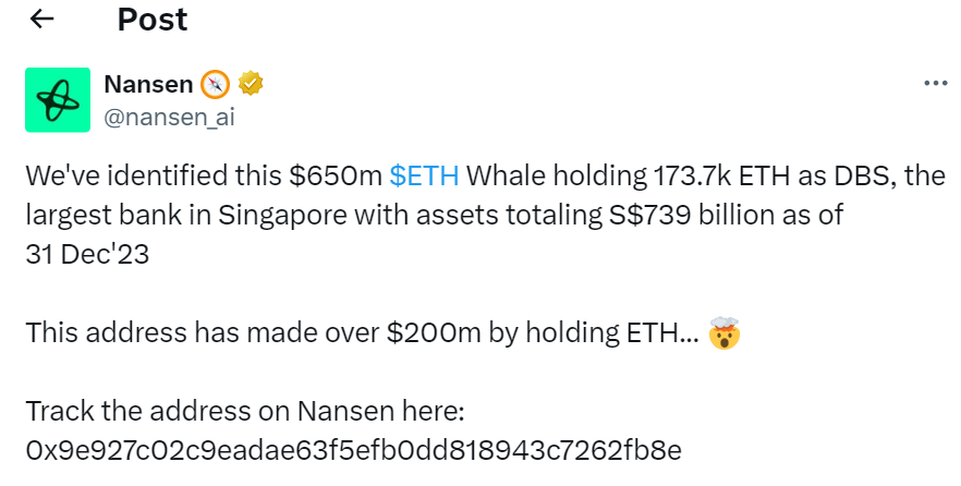 Banking Giant DBS, Banking Giant DBS is Possible Secret ETH Megawhale