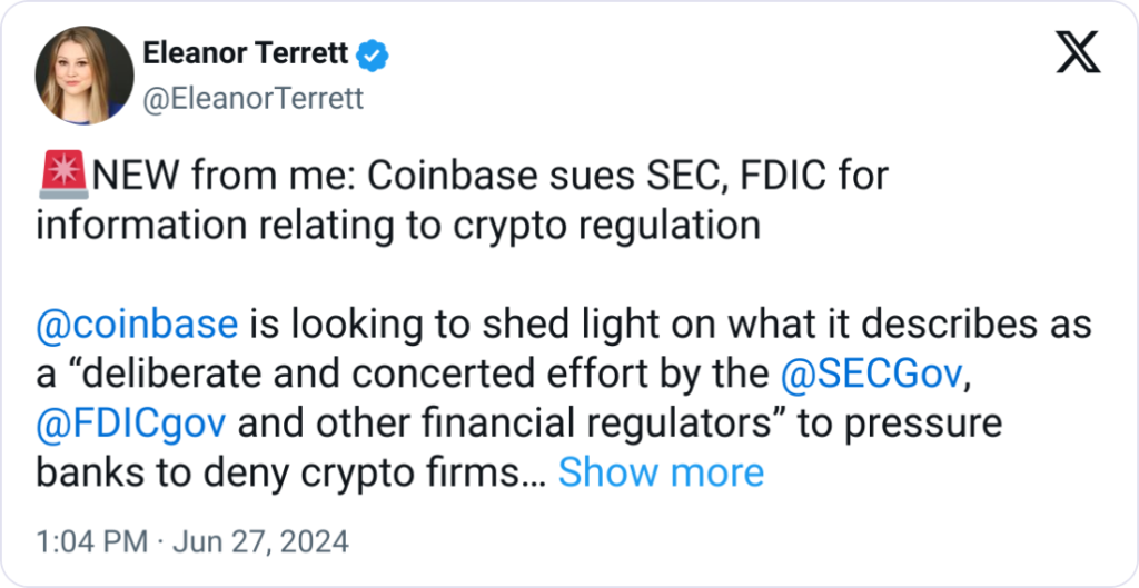 Coinbase Sues SEC and FDIC for Crypto Regulation Info (Source: Eleanor Terrett)