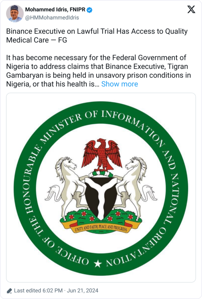 Nigerian Government Addresses Prison Conditions for Binance Exec
Source: Mohammed Idris, FNIPR