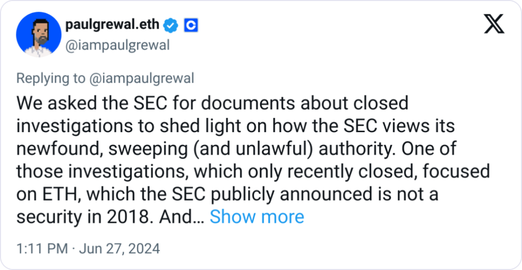 SEC’s Authority Questioned in Coinbase Lawsuit (Source: Paul Grewal)






