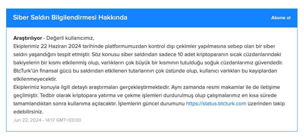 BtcTurk’s June 22 statement informing users of the malicious attack. Source: BtcTurk
