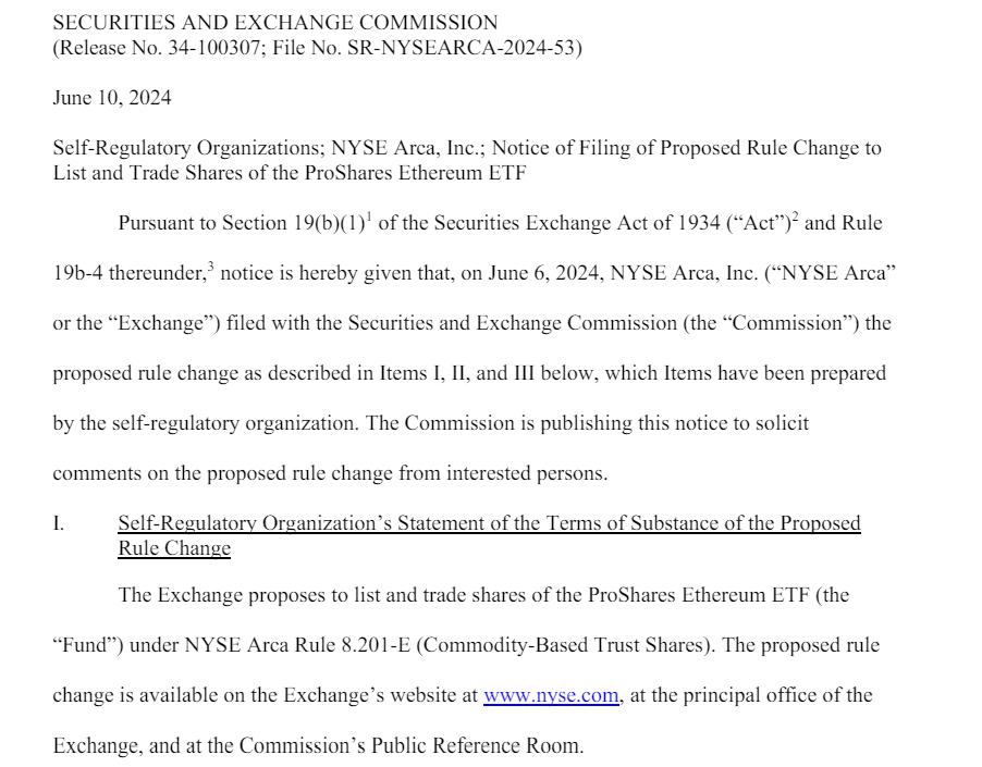 SEC Notice on ProShares Ethereum ETF