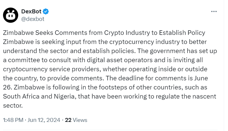 Zimbabwe Calls for Crypto Industry Feedback - Source: DexBot