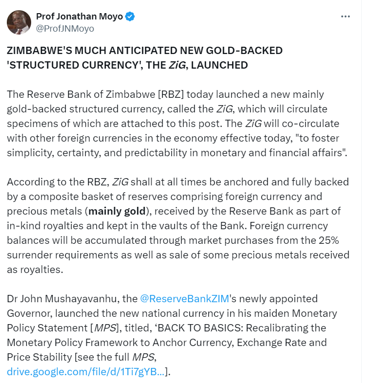 Zimbabwe Launches Gold-Backed ZiG Currency - Source: Prof Jonathan Moyo






