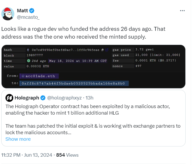 Rogue Developer Linked to Holograph Hack (Source: Twitter @mcasto_ and @holographxyz)





