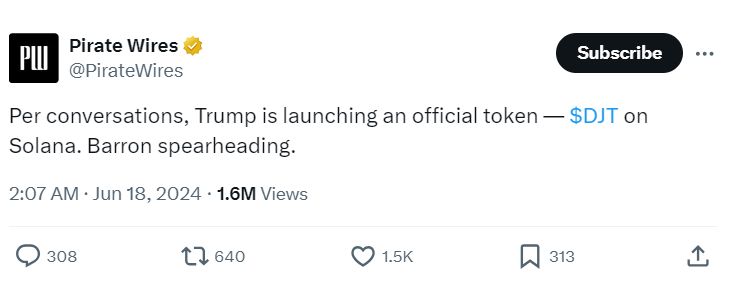Rumors of Trump's Official Token Launch on Solana
Source: Pirate Wires