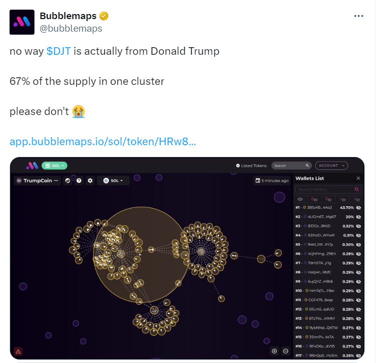Doubts on DJT Token’s Authenticity and Supply Distribution
Source: Bubblemaps