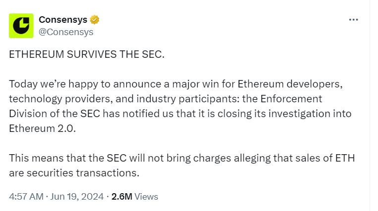 Ethereum SEC Investigation Ends
Source: Consensys