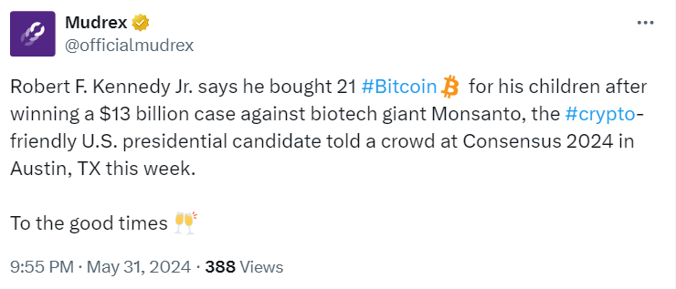 RFK Jr. Buys Bitcoin for His Children After Monsanto Case Win
Source: Twitter @officialmudrex