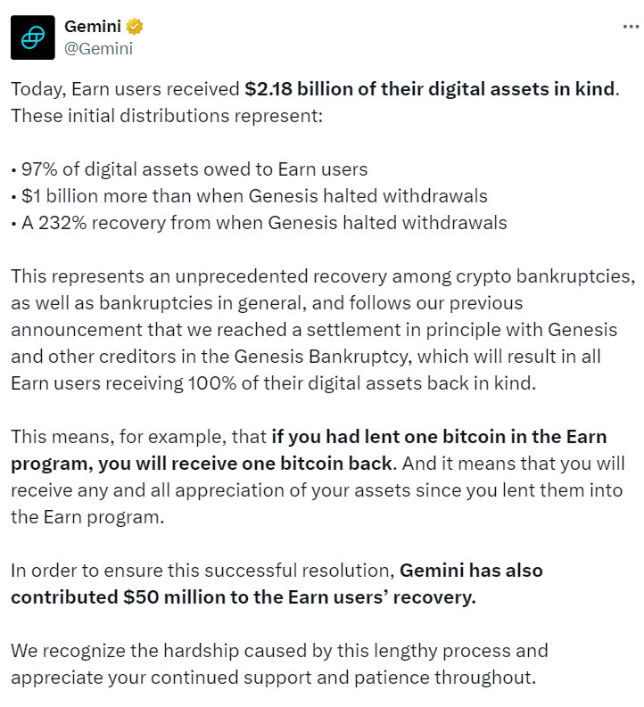 Gemini Announces $2.18 Billion Asset Recovery for Earn Users
Source: Gemini