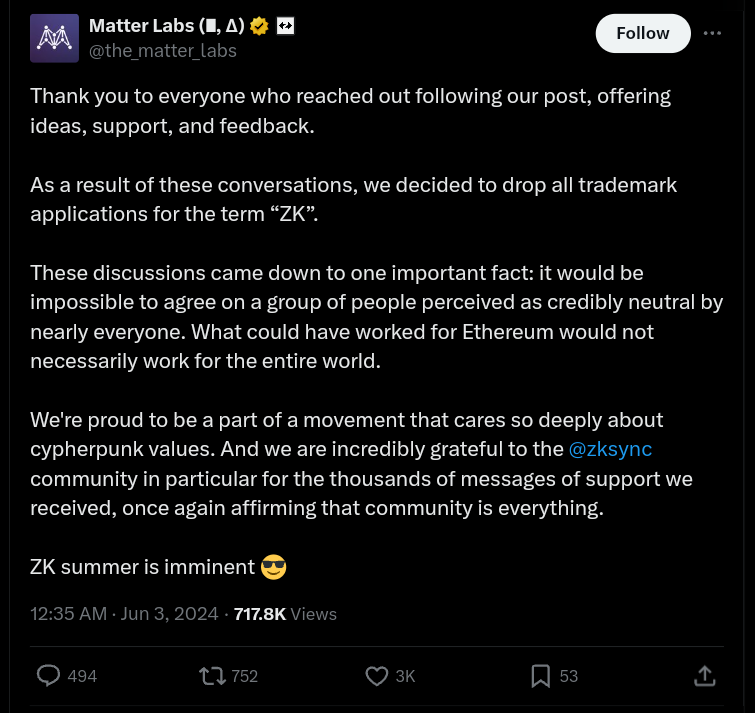 Crypto news: Matter Labs' X post