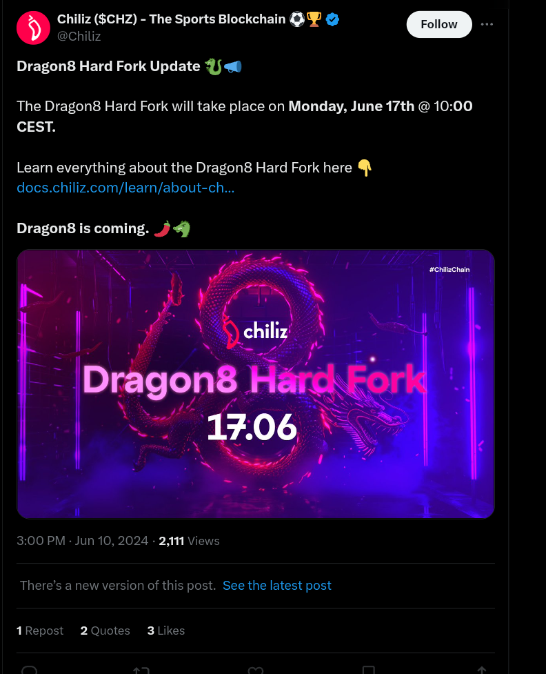 Crypto project Chilliz coming with Dragon8 Hard Fork Upgrade