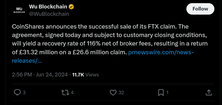 Wu Blockchain announcing CoinShares successful sale of FTX clai