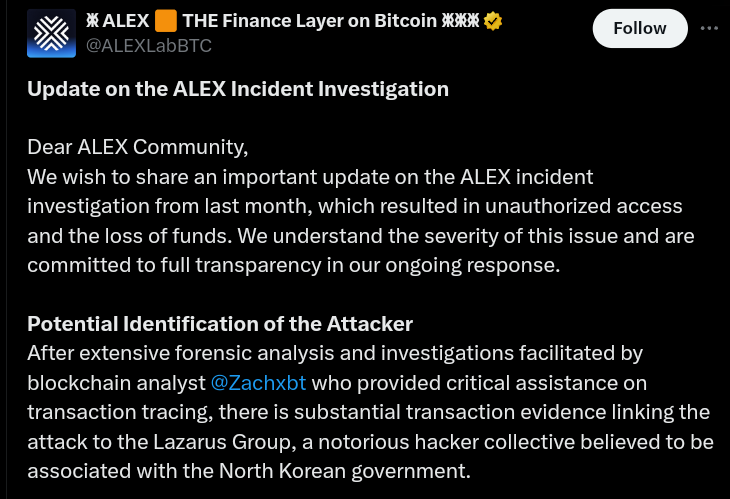 Crypto news: Alex Lab Suspects Lazarus Group in $4M Exploit