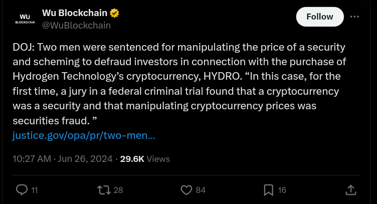US Department Deems Cryptocurrency a Security in HYDRO Founders’ Sentencing