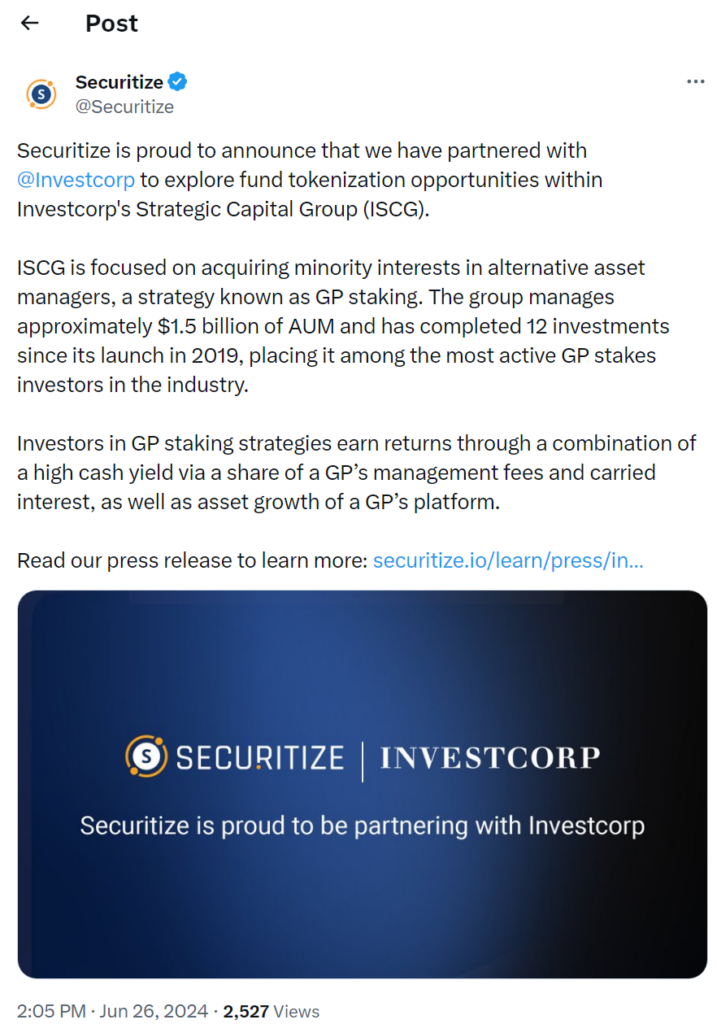 Investcorp, Investcorp Partners with Securitize for Tokenized Fund