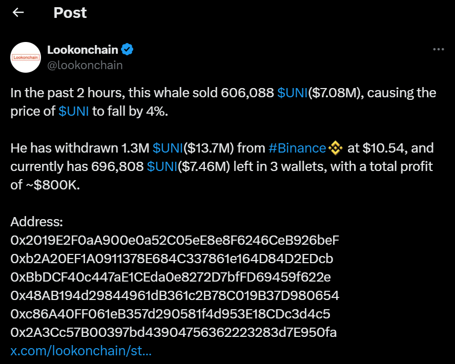 Uniswap Whale Dumps $7M, UNI Crashes 6% Ahead of Token Unlock