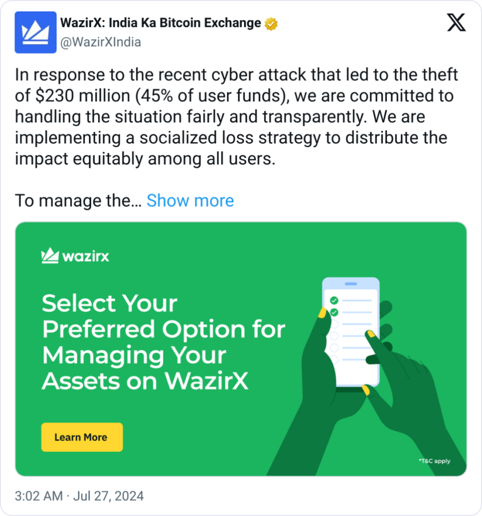 WazirX Announces Fair Fund Recovery Post $230M Hack Source: WazirX Blog Post