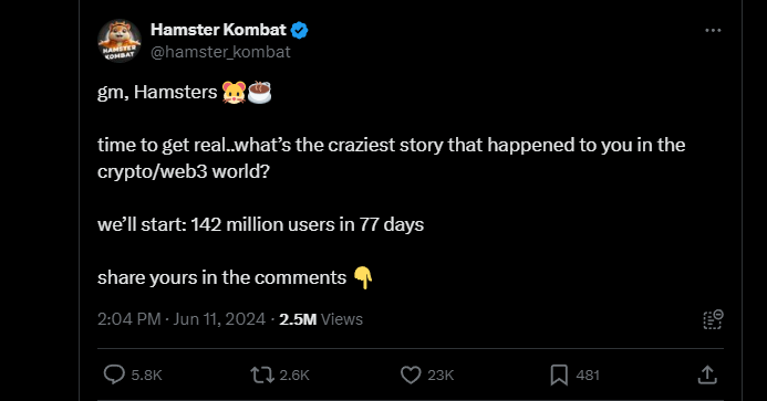 Hamster Kombat's viral growth puts it among the fastest growing applications in history. Source: Hamster Kombat 
