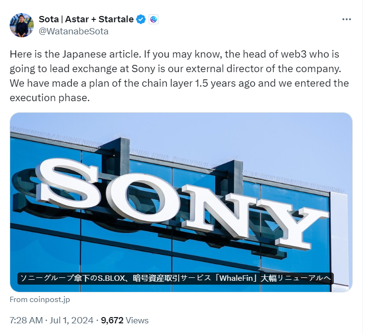 Sony's Crypto Vision: Leadership and Execution
Source: Sota | Astar + Startale