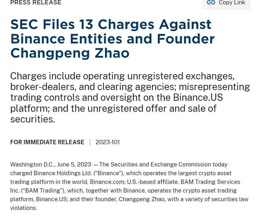 SEC Charges Binance and Zhao
Source: SEC Press Release, June 5, 2023