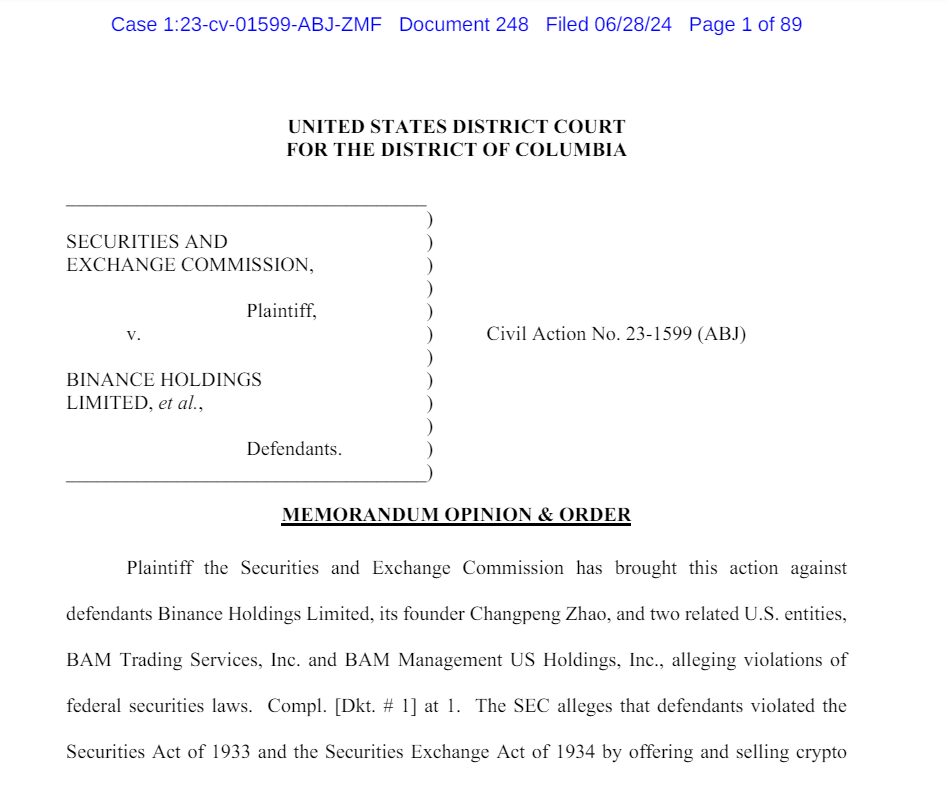 SEC vs. Binance Court Order
Source: US District Court for the District of Columbia