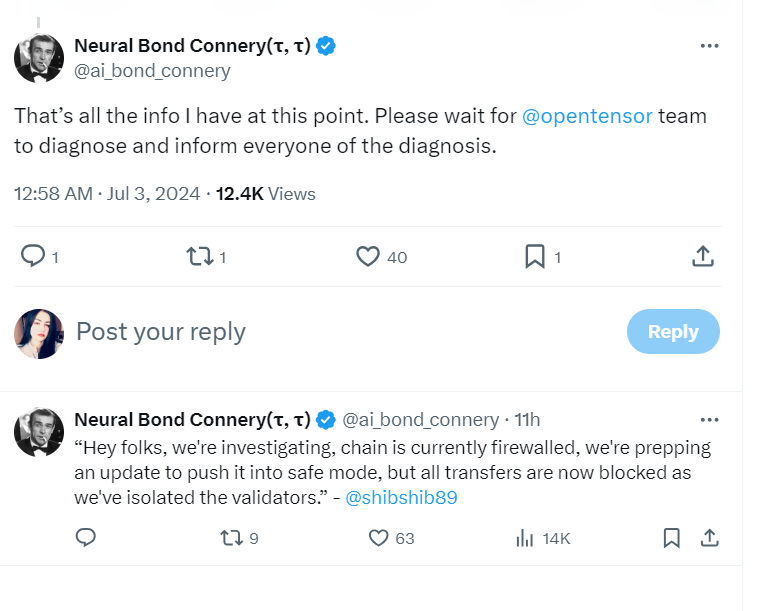 Bittensor Security Response Update - Source: Twitter @ai_bond_connery