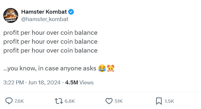 One of Hamster Kombat’s social media posts stresses that in-game profit per hour is the primary metric players should prioritize ahead of its token launch. Source: Hamster Kombat
