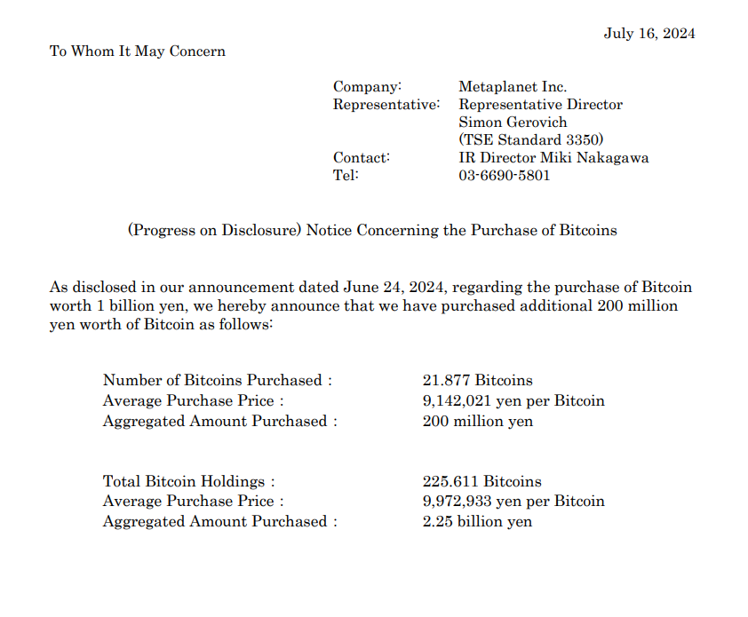  Metaplanet Bitcoin Purchase Notice Source: Metaplanet Inc.