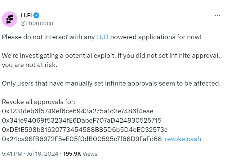 Li.Fi Exploit Warning Source: LI.FI Protocol