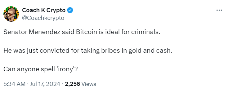  Bitcoin Critic Convicted  Source: Coach K Crypto 