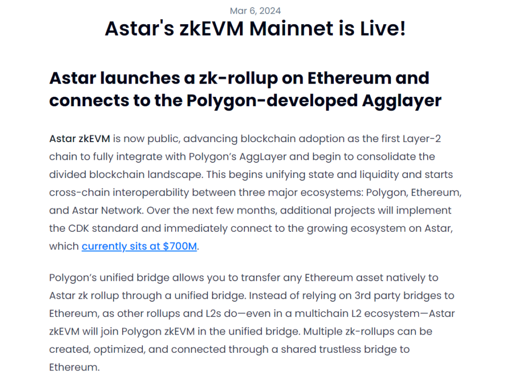 Astar's zkEVM Mainnet Launch  Source: Astar Network 