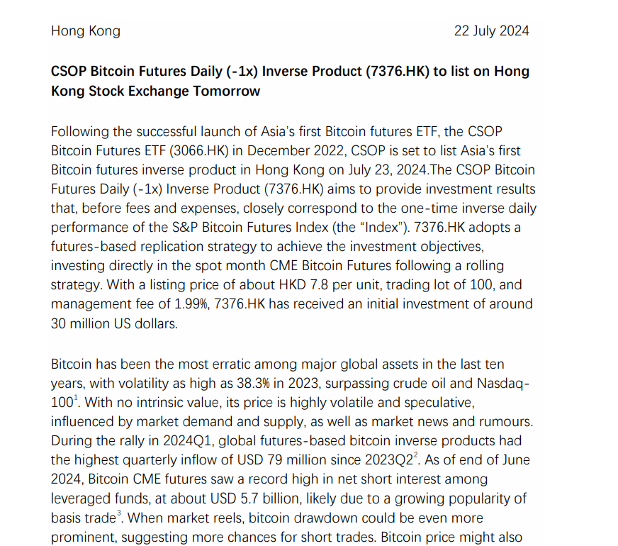 Hong Kong Set to Launch Asia’s First Inverse Bitcoin ETF